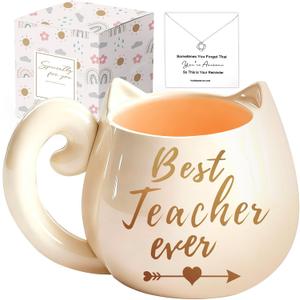Best Teacher Ever Coffee Mug for Women 11 Oz Ceramic Cup with Exquisite Necklace for Retirement, Valentine's Day, Graduation, Christmas,Thank You Birthday End of Year