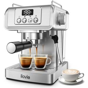 ILAVIE Espresso Machine 20 Bar with LCD Display, 60oz Water Tank, Dual Cup Coffee Maker with 266°F Steam Milk Frother, Stainless Steel Coffee Machine for Cappuccino & Latte – Compact & Easy to Use