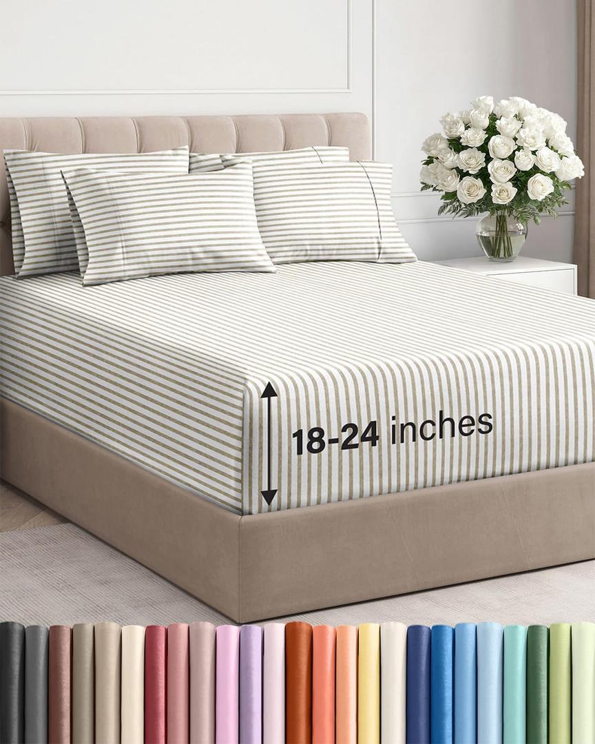Extra Deep Cal King Sheet Set - 6 Piece Breathable and Cooling Sheets - Hotel Luxury Bedding for Women, Men, Kids & Teens - Easy Secure Fit - Soft & Wrinkle Free - Extra Deep Pockets - Beige Stripes