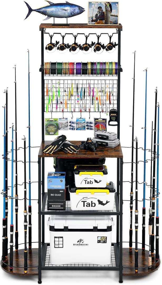 Fishing Rod Holders for Garage,Large Capacity Fishing Pole Holders for Garage, Holds 24 Fishing Rods, Fishing Gear Deals, Fishing Rod Tackle Fishing Gear and Equipment Organizer, Brown