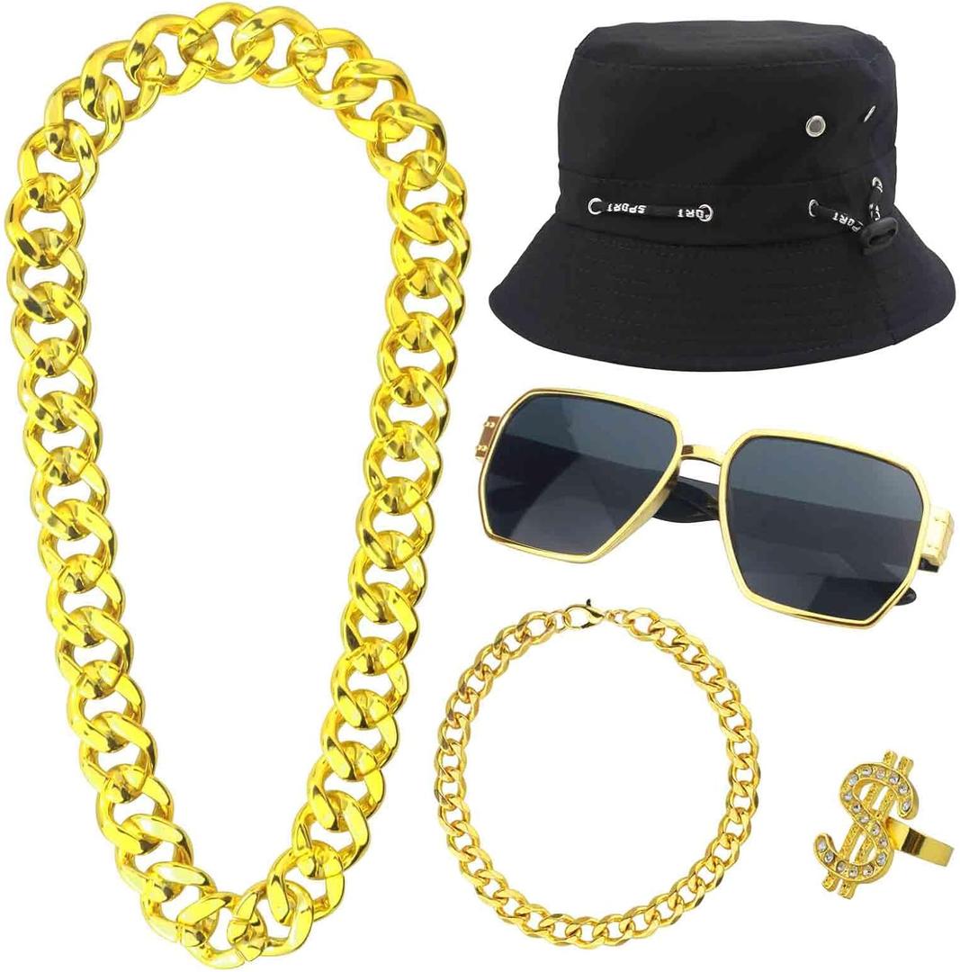 Hip Hop Costume Outfit Kit for Men Kids Boys - 80s 90s Rapper Themed Party Decorations Set 5pcs Old School Costume Set Halloween Accessories