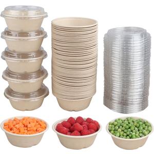 10 oz Round Disposable salad bowls with lids, Sugarcane Fiber Paper Bowls take away food containers Plant Fibers Freezer Safe 50 Pack