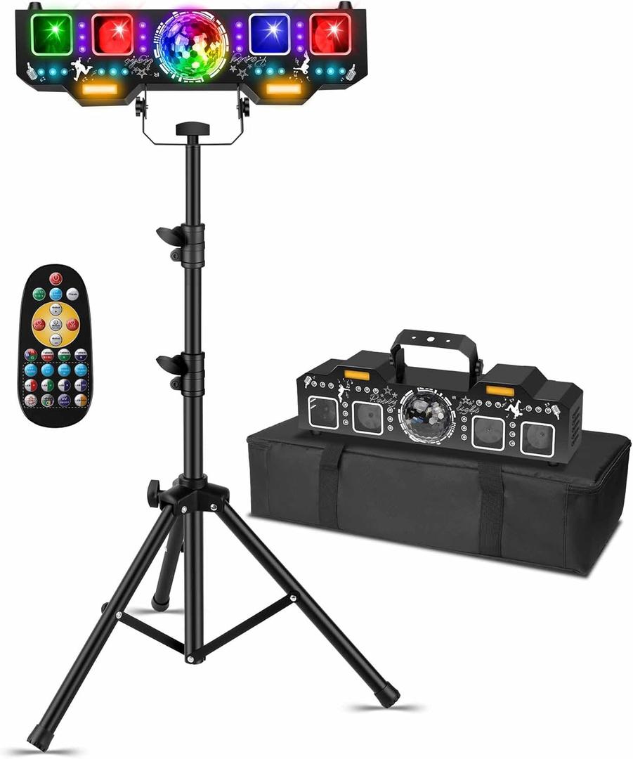 DJ Light with Stand,7IN1 DJ Disco Party Light with Stand&Carry Bag RGB Par Lights,Rotating Ball,Strobe,UV Lighting by DMX Sound Activated Remote Control for Parties Gig Bar Stage