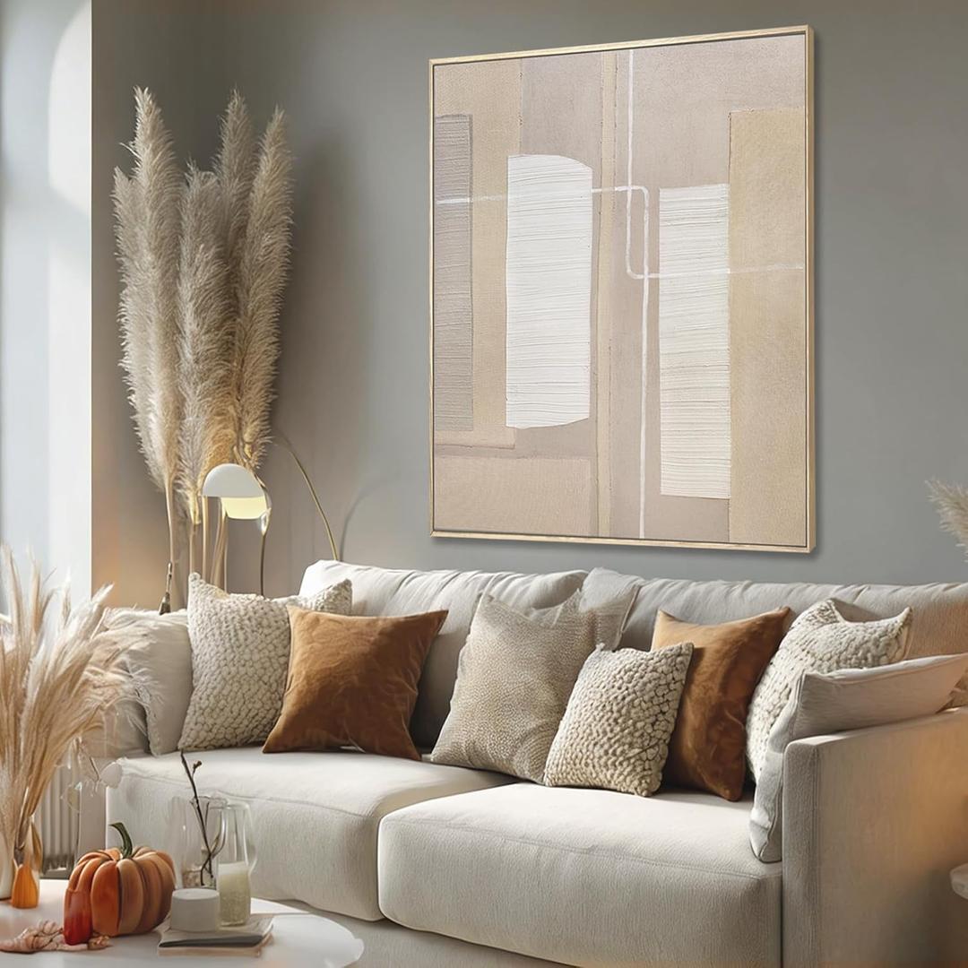 Neutral Greige Abstract Wall Art, Mid Century Hand Painted Geometric Oil Painting, Framed Minimalist Wall Art for Living Room Bedroom Office, 32x40 Inch