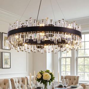 Modern Crystal Chandelier for Dining Room,16-Light Black Round Chandelier, 31.5-inch K9 Crystal Raindrop Ceiling Light, Luxury Flush Mount Light Fixture for Kitchen Living Room