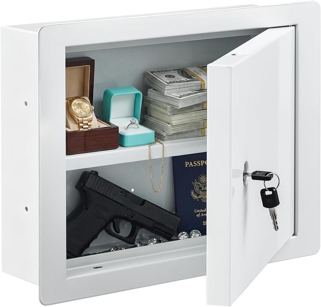 Zonon In-Wall Safe with Key Lock, Small In-Wall Hidden Safe Galvanized Steel Box Lockable Wall Compartment Secure for Money Jewelry at Business or Home 15.7-inch Width(White,15.7 x 12 x 4 Inch)