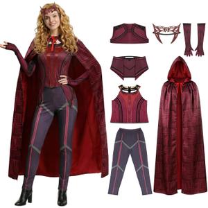 Scarlet Witch Cosplay Costume for Women, 7PCS Wanda Red Pant Suit Cloak Headpiece for Halloween Party Outfits (Small)