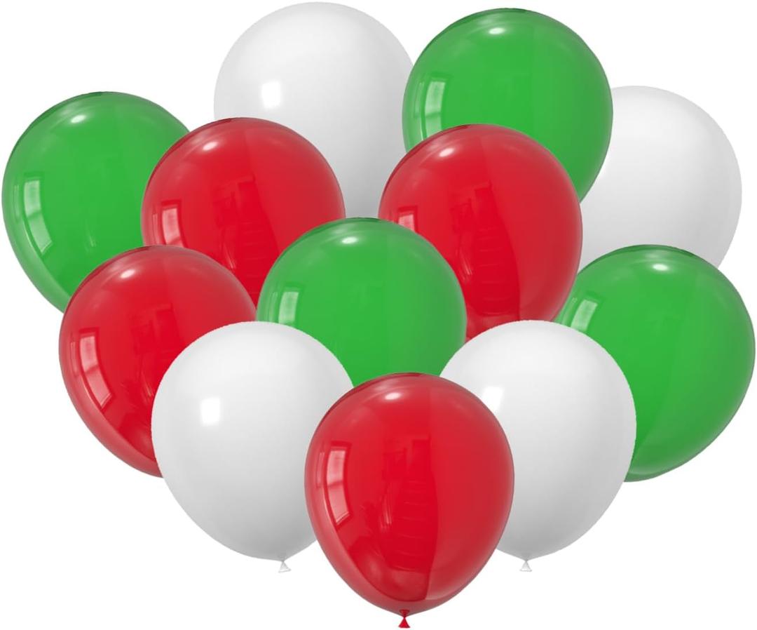 JODIDI 60 Pcs 12-Inch Latex Balloons in Red, Green, and White - Perfect for Christmas, New Year,Graduation, Birthday, Baby Shower, and Party Decorations