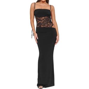 Women's Lace Splicing Cutout Maxi Dress Square Neck Sleeveless Bodycon Long Dress with Sheer Corset (Large, Black)