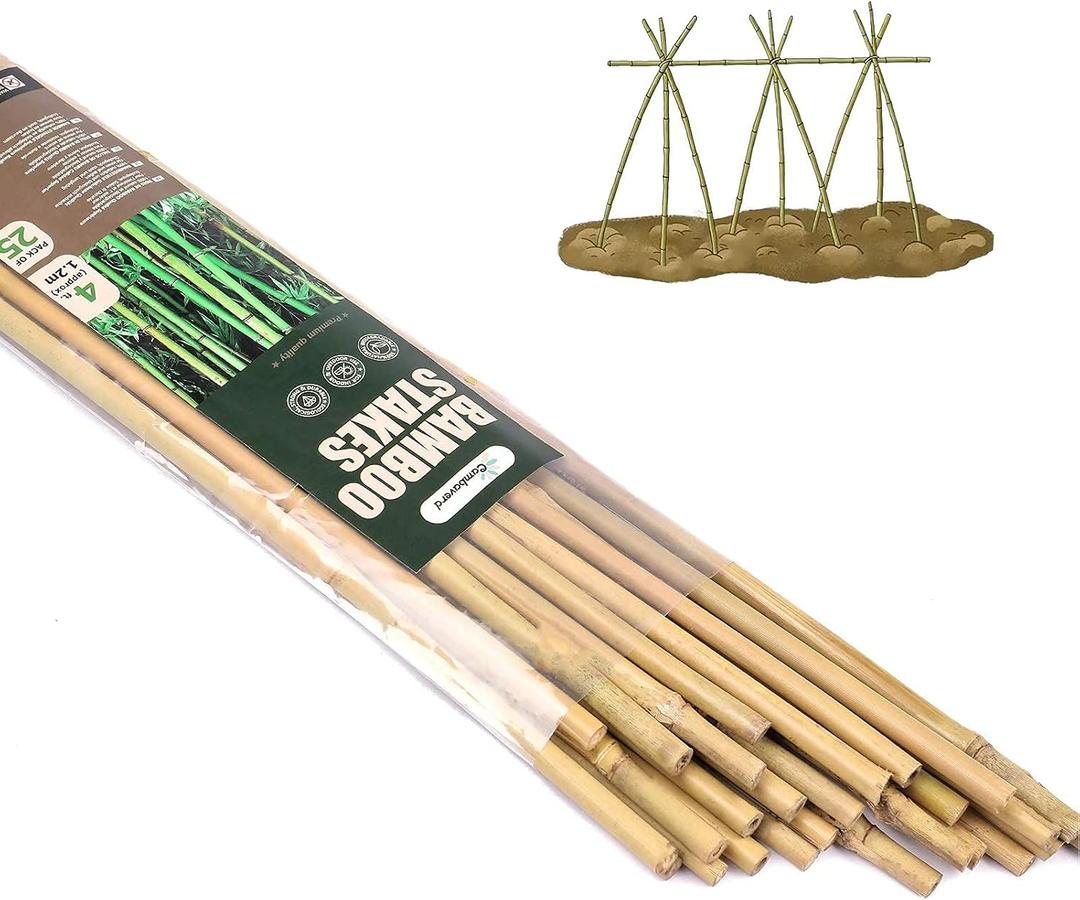 Cambaverd Bamboo Stakes 4ft Natural Plant Stakes for Tomatoes, Beans, Climbing Plants Support - 25 Pack Bamboo Sticks for Plants