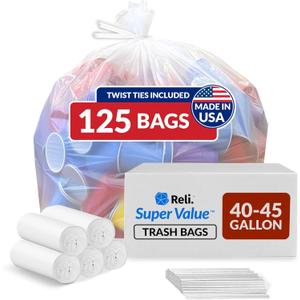 Reli. 40 to 45 Gallon Garbage Bags Heavy Duty | 125 Garbage Bags with Ties | Super Sizeable, Clear, Serious Garbage Cleanup