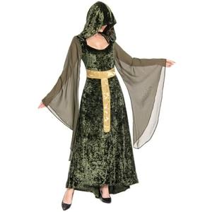 awlnany Womens Medieval Dress Hooded Costume Green Black Lace Up Renaissance Cloak Vintage Long Velvet Gown Dress Halloween,L