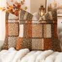 Foindtower Pack of 2 Soft Faux Fur Boucle Throw Decorative Pillow Covers Fuzzy Accent Check Cushion Sherpa Boho Farmhouse Pillowcase for Couch Sofa Bed Living Room Home Decor 18x18 Inch,Autumnal
