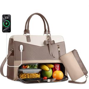 Lunch Tote Bag for Women 2 in 1 Laptop Work Bag with Lunch Insulated Compartment and Purse Combo Leather Crossbody Bag (Khaki Brown), Large
