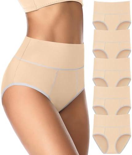 ASIMOON Tummy Control High Waisted Underwear for Women Cotton Plus Size Full Coverage Panties Ladies Briefs Set of 5 Size L