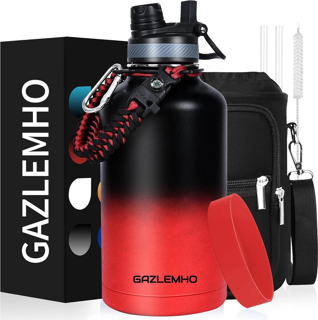 Insulated Water Bottle 64 oz, Half Gallon Water Jug Cold 48H, BPA Free Stainless Steel Bottles with Straw/Chug 2-in-1 Lid, Bag, Paracord Handle, Silicone Boot, Sports Gym School Metal Flask (Ice Coke)
