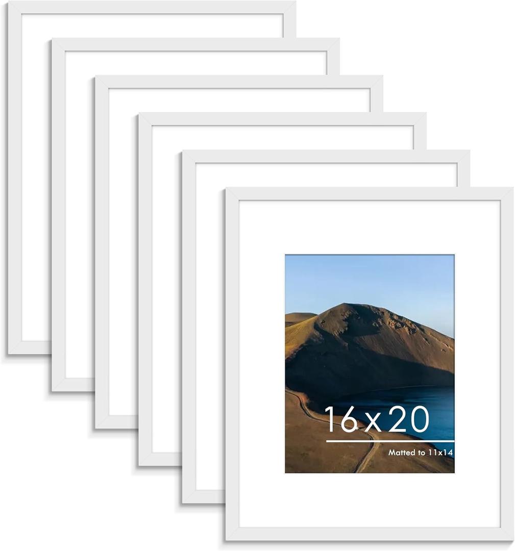PEALSN 16x20 Picture Frame Set of 6, Display Pictures 11 x 14 with Mat or 16 x 20 Without Mat for Wall Mounting Display, Poster Frames Collage for Wall Decor, White