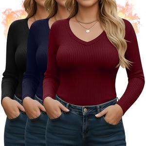 Sweetyweee 3 Pack Plus Size Thermal Shirts for Women Cotton Long Sleeve Ribbed Knit Tops V Neck Slim Fit Underwear Base Layer Size 4XL