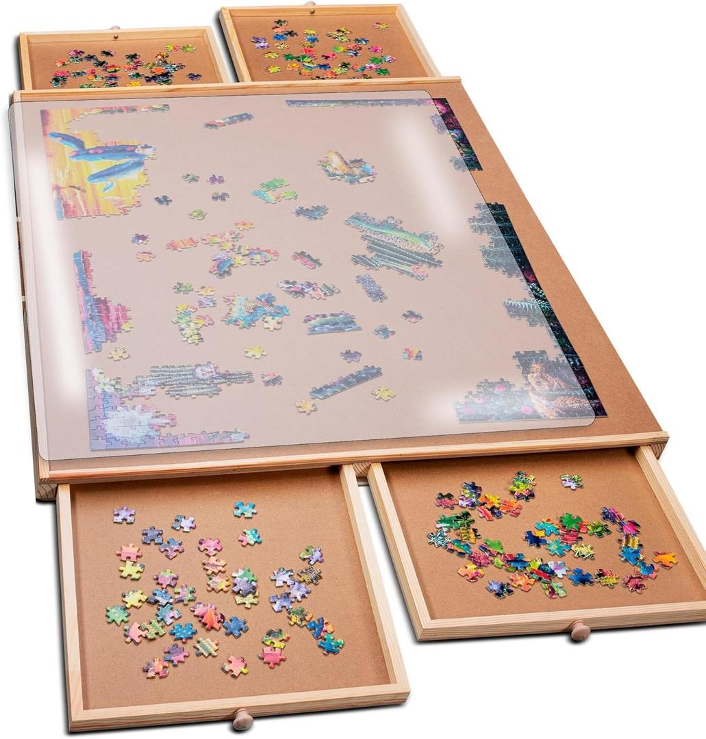 PlayVibe 1000 Piece Puzzle Board with Drawers and Cover - Portable Wooden Jigsaw Puzzle Tray with Drawers, Solve Station & Sturdy Table, Christmas Family Games (30" x 22" - 1000pcs)