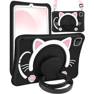 Wazzasoft for iPad Air 5th/4th Generation 10.9"/Pro 11" Case - Cute Black Cat Soft Silicone Girls Teens Women Cartoon Kitten Tablet Cover with Rotating Handle Stand & Strap Air 5th/4th Gen Funda