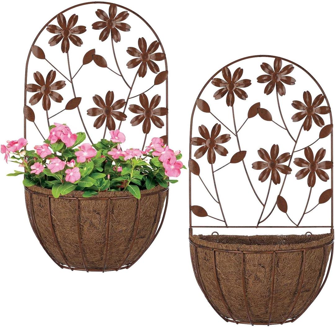 BAYN 2PKs Wall Hanging Planter Decor Art with Flower, Metal Wall Mounted Planters Indoor Outdoor Wall Planter for Succulent Herb Home Garden Yard