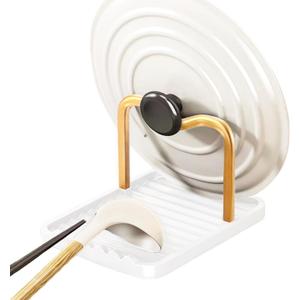 Anti-Rust Metal Spoon Rest with Lid Holder, Heat-Resistant Pot Lid Rest, Multifunctional Spatula Holder While Cooking for Stovetop and Kitchen Counter  Gold White (1-LAYER)
