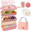 Bento Box Japanese Lunch Box Kit Leakproof Bento Lunch Box for Kids Adults Wheat Straw 3 Layer Stackable Lunch Containers with Compartment Eco-Friendly Meal Prep Containers (Pink)
