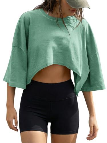 Fisoew Womens Summer Cropped Tops Casual Short Sleeve Drop Shoulder Loose Fit Lightweight Crop Workout T Shirts, Mint, Medium