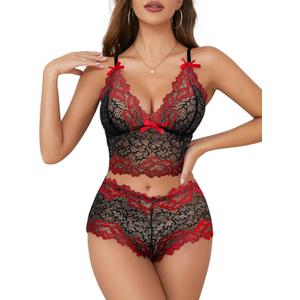 Lilosy Sexy Lace Pajamas Lingerie Set High Waist Sheer Sleepwear Bow Ties Cami Shorts Bra and Panty (Large, Floral Black Red)