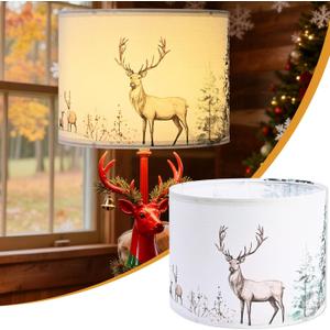 13Inch Lamp Shade, Green Forest Lamp Shades for Christmas, HD Printing Deer Lampshade, Drum Lamp Shades fit with Spider/Uno, Lamp Shades for Floor Lamps, Table Lamps (1PCS, Easy Assembly)
