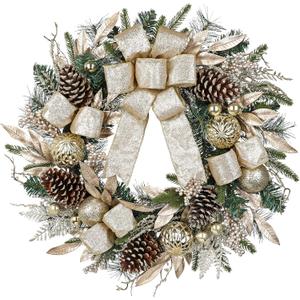 24 inch Champagne Christmas Door Wreath with Bow, Pine Wreaths for Front Door with Golden Ball Leaf Stems Pinecones Berries for Fireplace Xmas Decorations, Wall Window Indoor Outdoor Decor