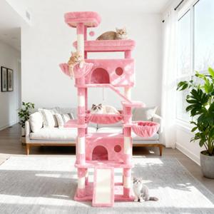 Cat Tree,80-Inch Large Cat Tower with 9 Scratching Posts, 2 Perches, 2 Caves, 2 Basket, 2 Stairs,Extra Large Hammock, Pompoms, Multi-Level Plush Cat Condo for Indoor Cats (Pink)
