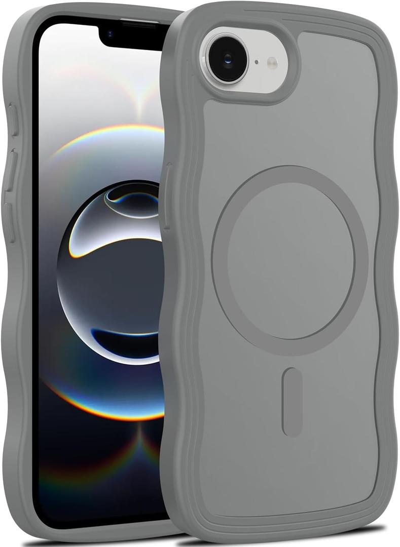 Magnetic for iPhone 16e Case, (Compatible with Magsafe) Curly Wavy Frame Hard Translucent Matte Clear Back Cover for Women Men TPU Bumper Shockproof Phone Case (Gray)