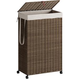 Rolling Laundry Hamper with Wheels and Lid, 90L Slim Laundry Basket with Removable Bag, Foldable Handwoven Rattan Laundry Sorter, Narrow Dirty Clothes Basket Organizer, No Assembly, Vintage