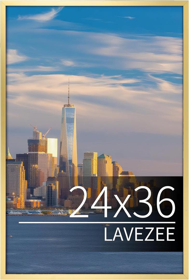 Lavezee 24x36 Poster Frame for Artwork, Puzzles and Photos, Gold Picture Frame Display 24 x 36 Inch Photo Picture Frame for Wall, Metal