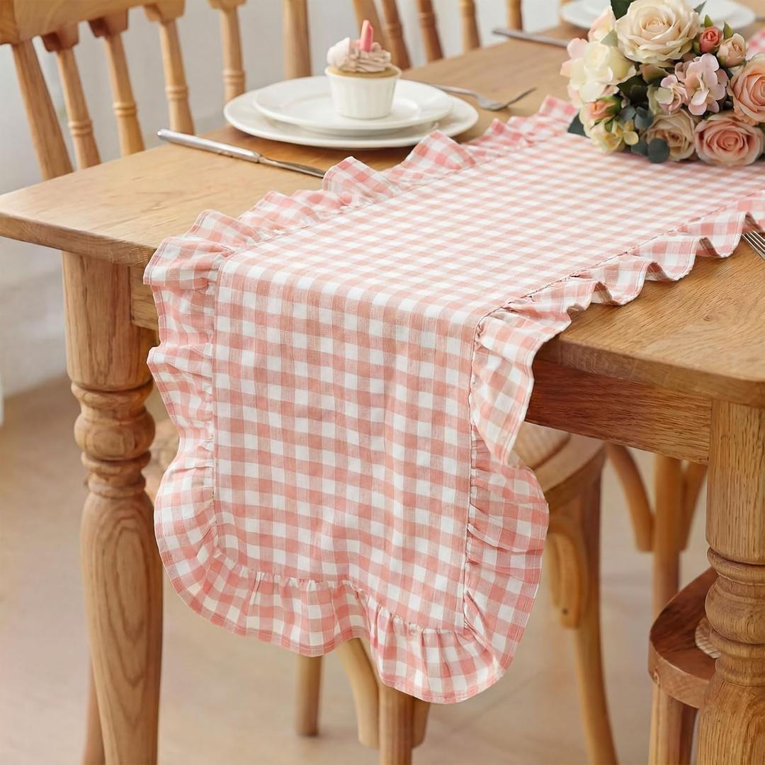 HunnmingRe 1 Pcs Light Pink Plaid Gingham Ruffle Table Runner 118 x 13.8'' Farmhouse Table Runner 100% Cotton Scalloped Long Dresser Scarves for Mothers Day Dining Room, Wedding, Rustic Home Decor