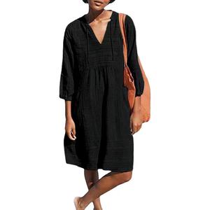 Lafural Womens V Neck Cotton Casual Loose Shift Tunic Smock Summer Dresses Vacation Dress 3/4 Sleeve Pocket (XXL)