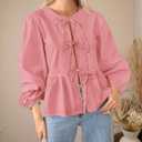 PRETTYGARDEN Women's Spring Fall Babydoll Peplum Blouse Shirt Puff Long Sleeve Bow Tie Front Trendy Cute Y2K Going Out Tops
