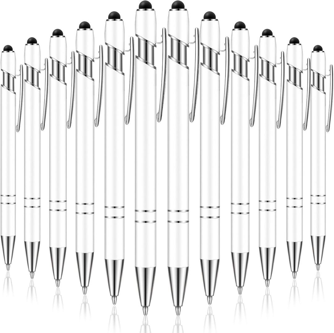 Tenare 12 Pieces 2 in 1 Stylus Metal Ballpoint Pen with Stylus Tip, 1.0 mm Black Ink Ballpoint Pen for Touch Screens(White)