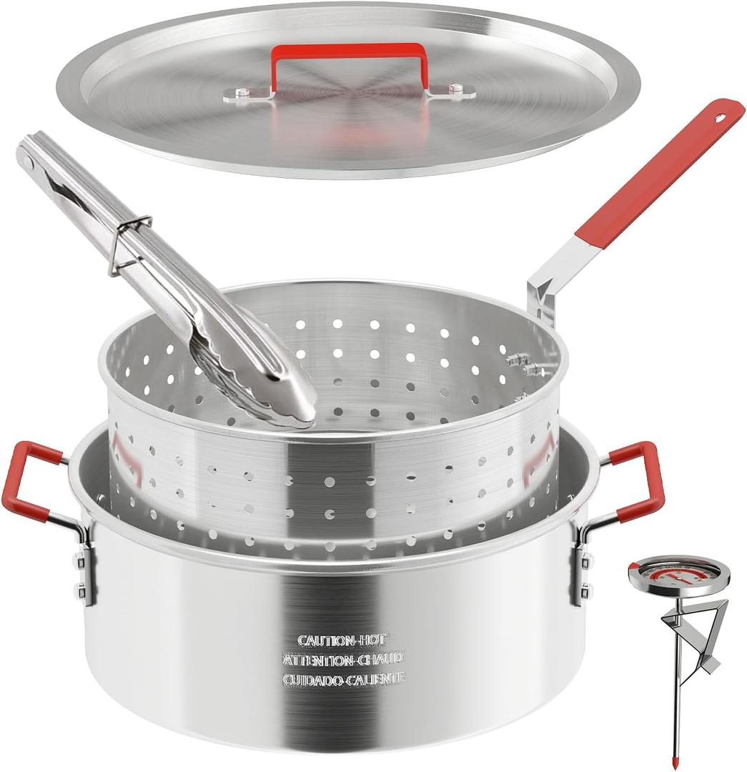 10QT Aluminum Fish Fryer Pot | Lid | Tong | Basket | Thermometer