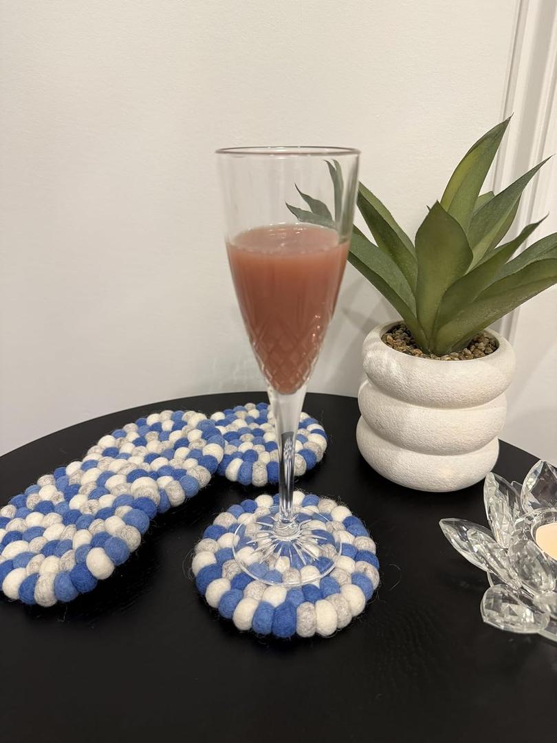 Set of 4-100% Wool Coasters for Drinks. Premium Quality, Heat Resistant, Table Protector | Handcrafted in Nepal | 10cm / 4in (Blue)