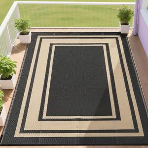 RURALITY Outdoor Rug 9x12 Waterproof for Patio Clearance,Large Plastic Straw Mat for Camping,Porch,RV,Reversible,Black and Beige