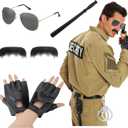 2 x Mepase 5 Pcs Halloween Cop Costume Men Lieutenant Police Costume Accessories Set Border Patrol Outfits Include Sunglasses, Baton, Fingerless Gloves and Mustache Funny Halloween Cosplay Adult