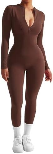 SUUKSESS Women Long Sleeve Ribbed Jumpsuit Zip up Front Workout Bodycon Romper M