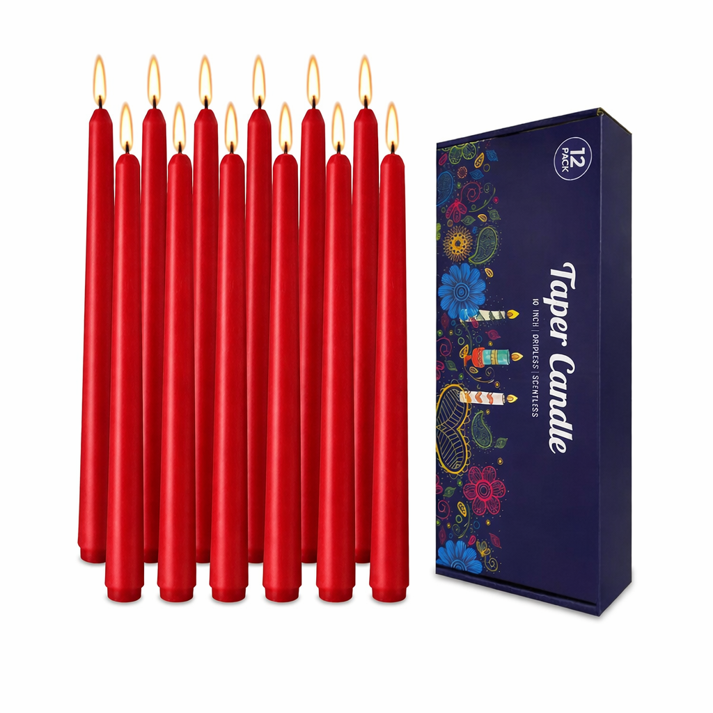 12 Pack-10 Inch White Unscented Dripless Taper Candles Long Burning -Smokeless Candle for Dinner Table, Advent, Christmas, Thanksgiving, Vigil, Wedding,( Red)