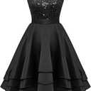 Meetjen Women's Short Prom Dresses for Teens Formal Sequin High Low Satin Bridesmaid Cocktail Party Homecoming Dress (Black, L)
