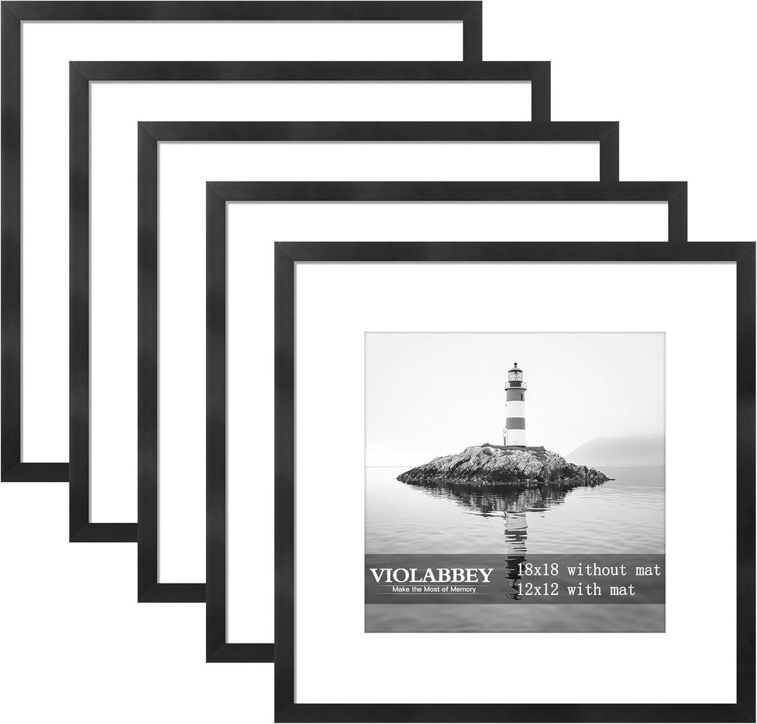VIOLABBEY 18x18 Frame Set of 5, Black Picture Frames for 12x12 with Mat Spuare Photos Gallery Wall Frame