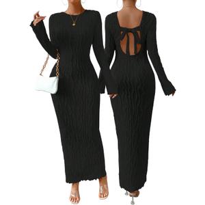 Narecte Fall Dresses for Women Long Sleeve Maxi Dress Backless Bodycon Dresses Casual Long Formal Dress (Medium, Black)