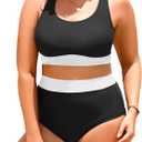 Aqua Eve Plus Size Two Piece High Waisted Bikini Swimsuits Scoop Neck Bikini Set Sporty Bathing Suits (Black White)