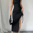 Verdusa Women's Y2k Maxi Dress High Slit Side Drawstring Knit Bodycon Dresses Black Small (Black)